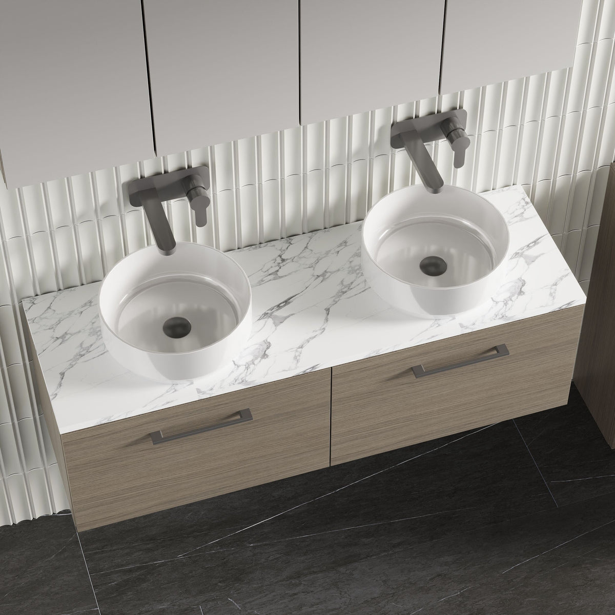 Modern Splash 1200mm Solace Oak 2 Drawer Wall Hung Vanity With Carrara Laminate Worktop