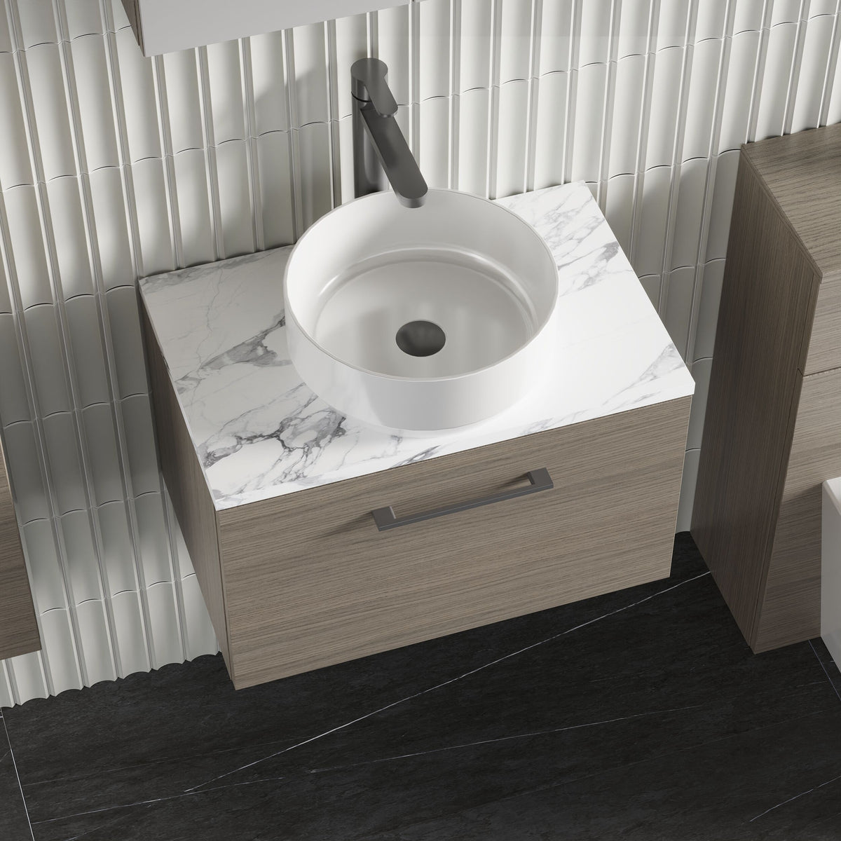 Modern Splash 600mm Solace Oak 1 Drawer Wall Hung Vanity Unit With Carrara Laminate Worktop
