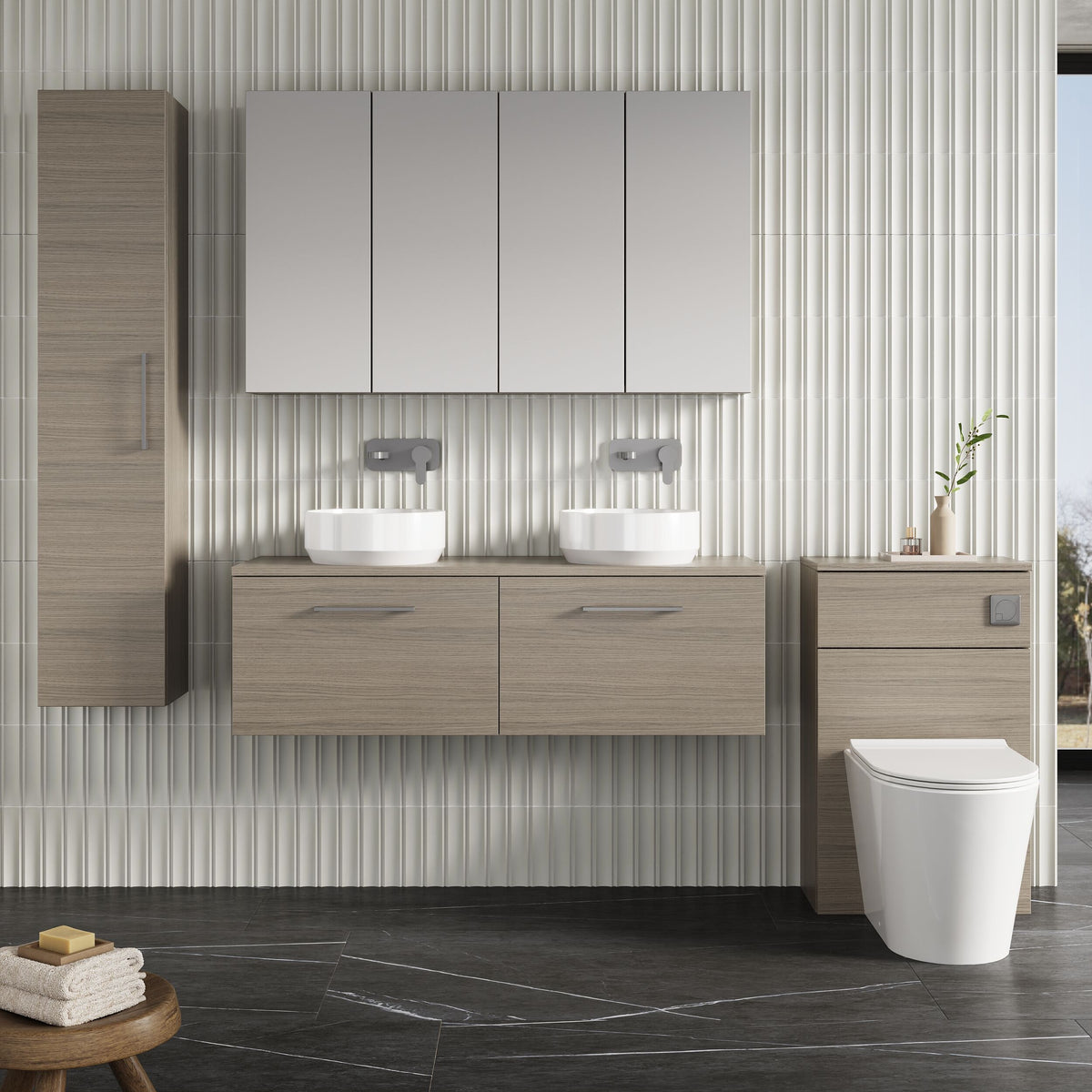 Modern Splash 1200mm Solace Oak 2 Drawer Wall Hung Vanity Unit With Co-ordinating Worktop