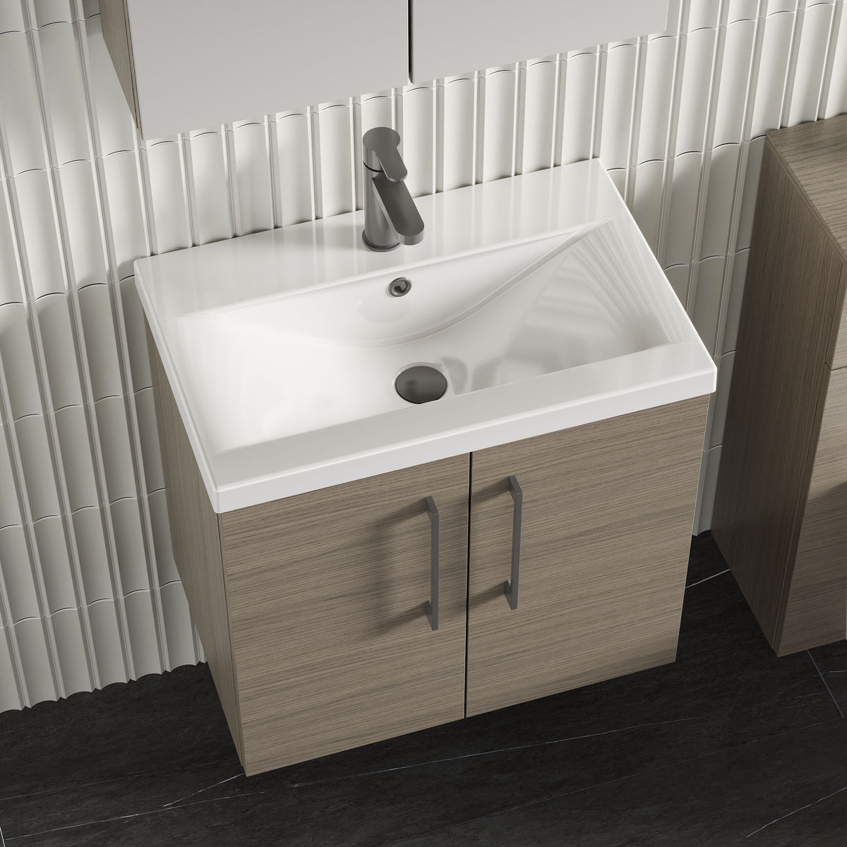 Modern Splash 600mm Solace Oak 2 Door Wall Hung Vanity Unit With Mid-Edge Basin