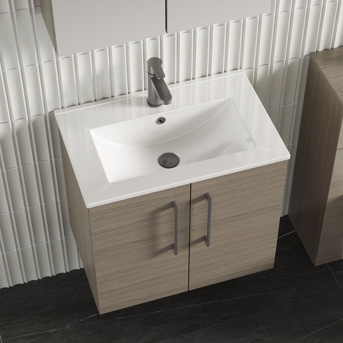 Modern Splash 600mm Solace Oak 2 Door Wall Hung Vanity Unit With Minimalist Basin