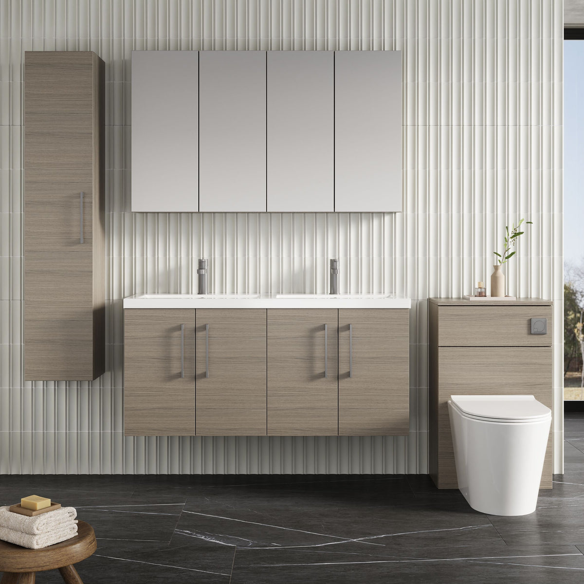 Modern Splash 1200mm Solace Oak 4 Door Wall Hung Vanity Unit With 2 Tap Hole Polymarble basin