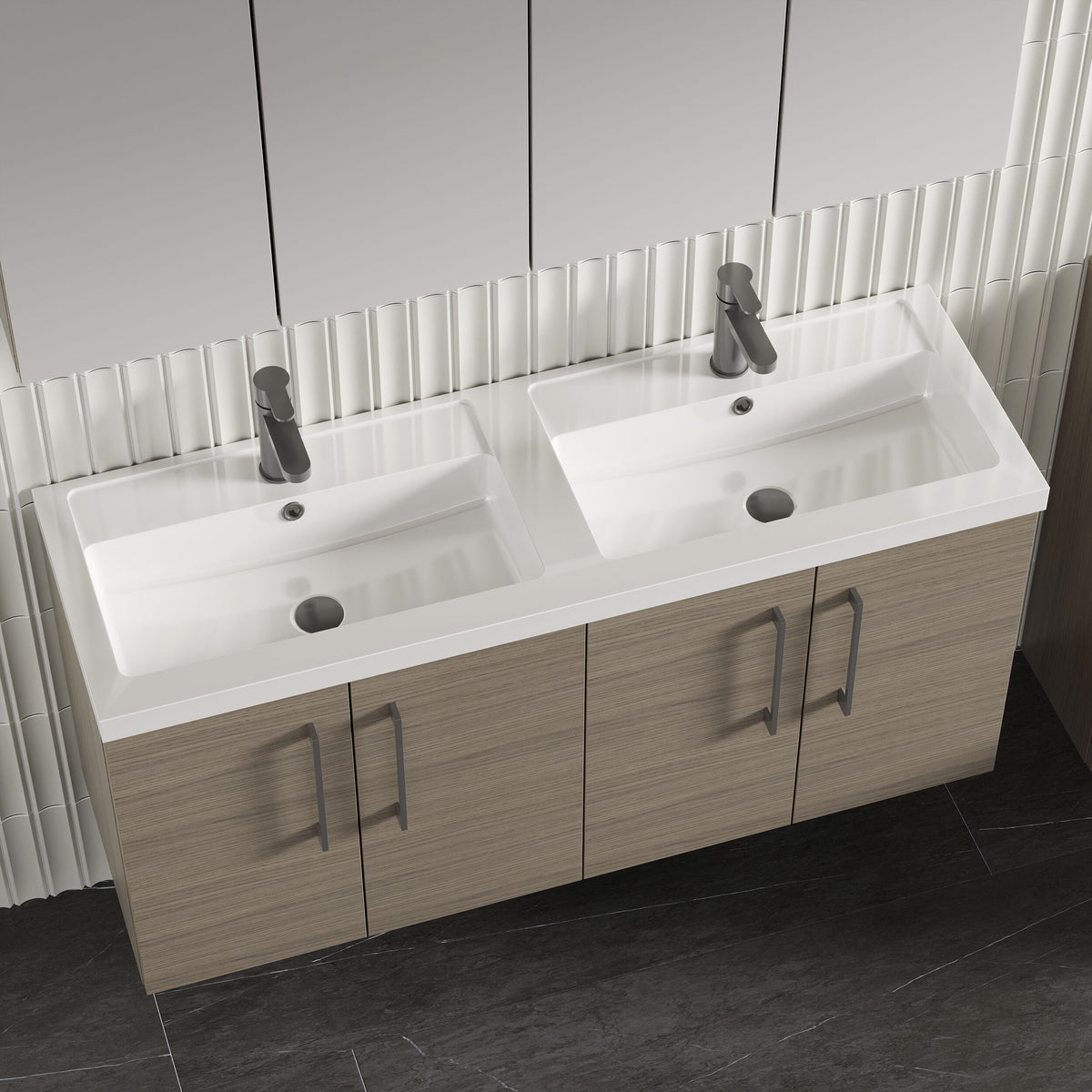 Modern Splash 1200mm Solace Oak 4 Door Wall Hung Vanity Unit With 2 Tap Hole Polymarble basin