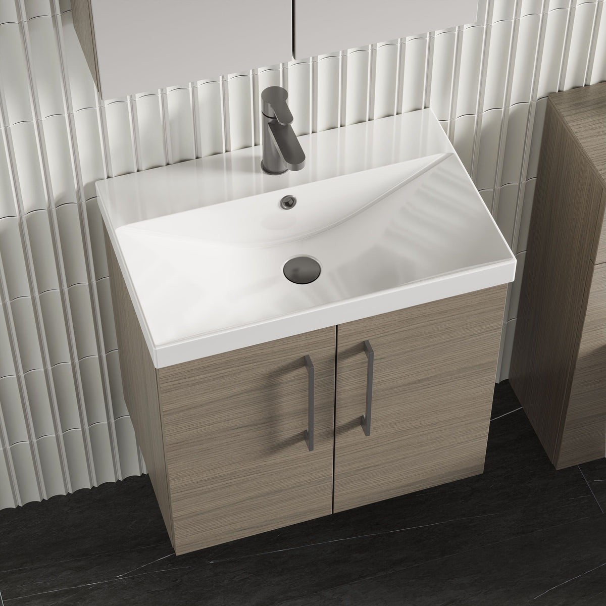 Modern Splash 600mm Solace Oak 2 Door Wall Hung Vanity Unit With Thin Edge Basin