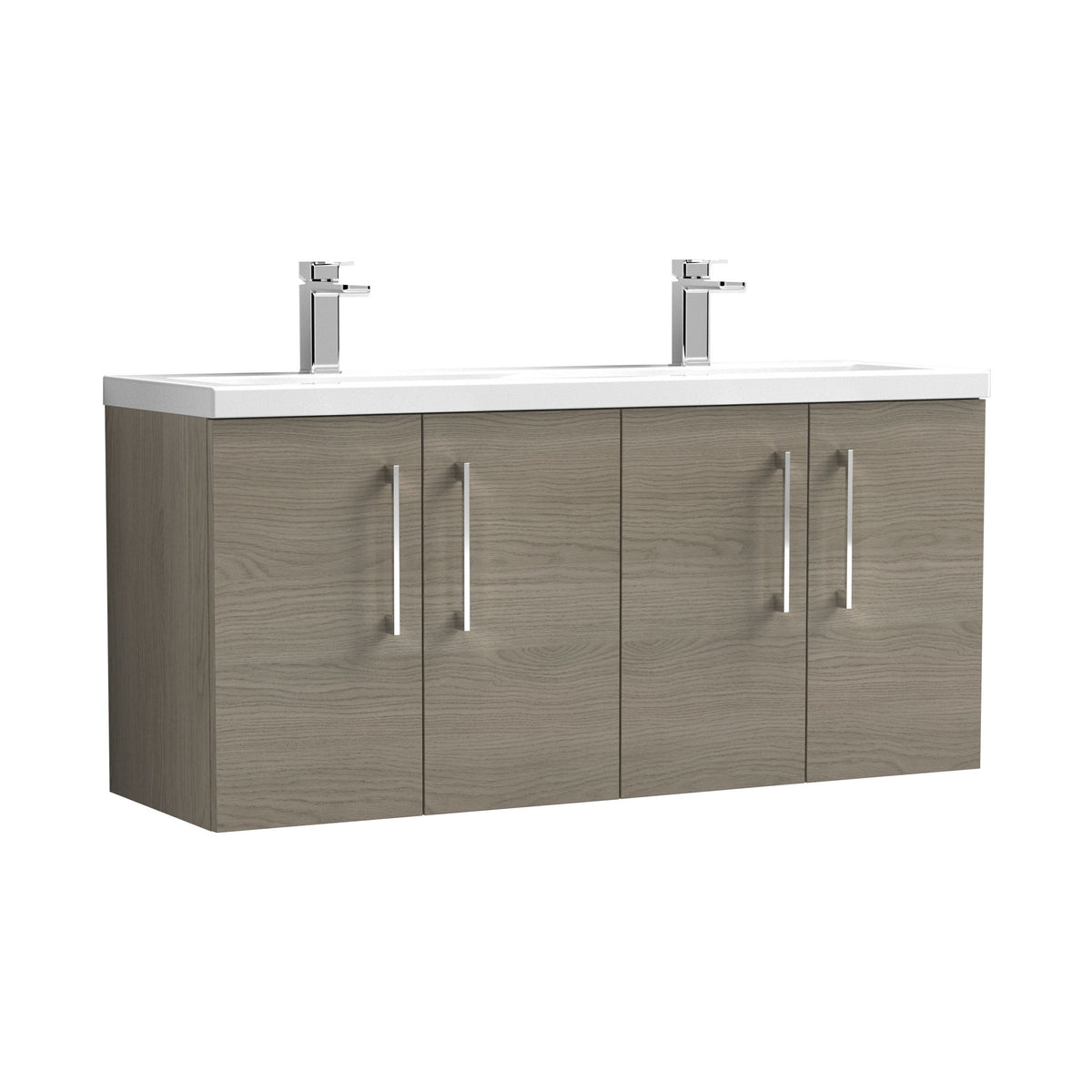 Modern Splash 1200mm Solace Oak 4 Door Wall Hung Vanity Unit With 2 Tap Hole Ceramic Basin