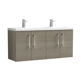 Modern Splash 1200mm Solace Oak 4 Door Wall Hung Vanity Unit With 2 Tap Hole Ceramic Basin
