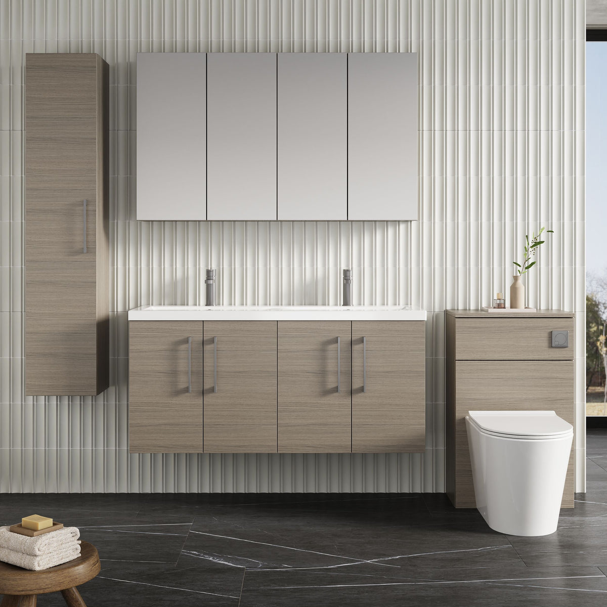 Modern Splash 1200mm Solace Oak 4 Door Wall Hung Vanity Unit With 2 Tap Hole Ceramic Basin