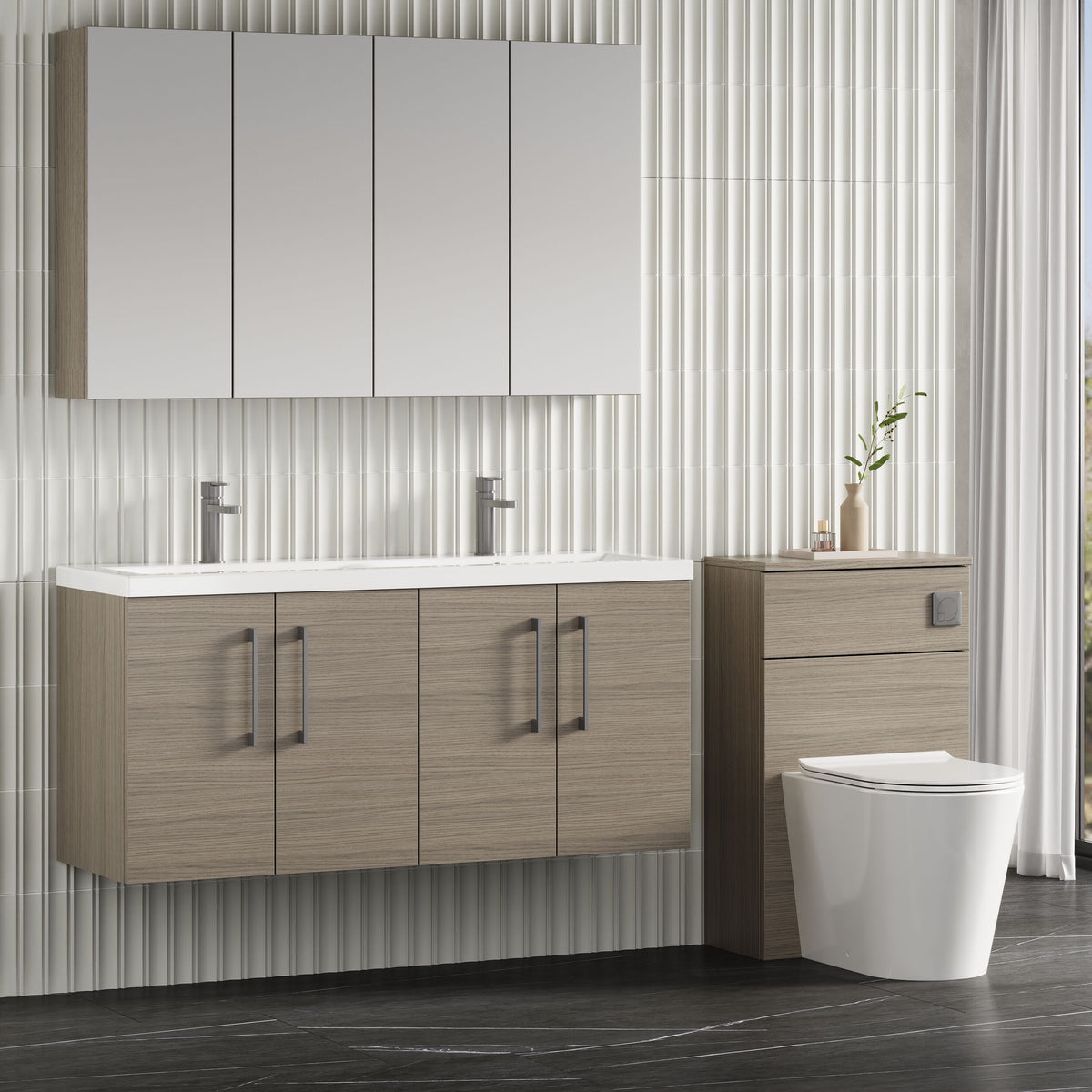 Modern Splash 1200mm Solace Oak 4 Door Wall Hung Vanity Unit With 2 Tap Hole Ceramic Basin
