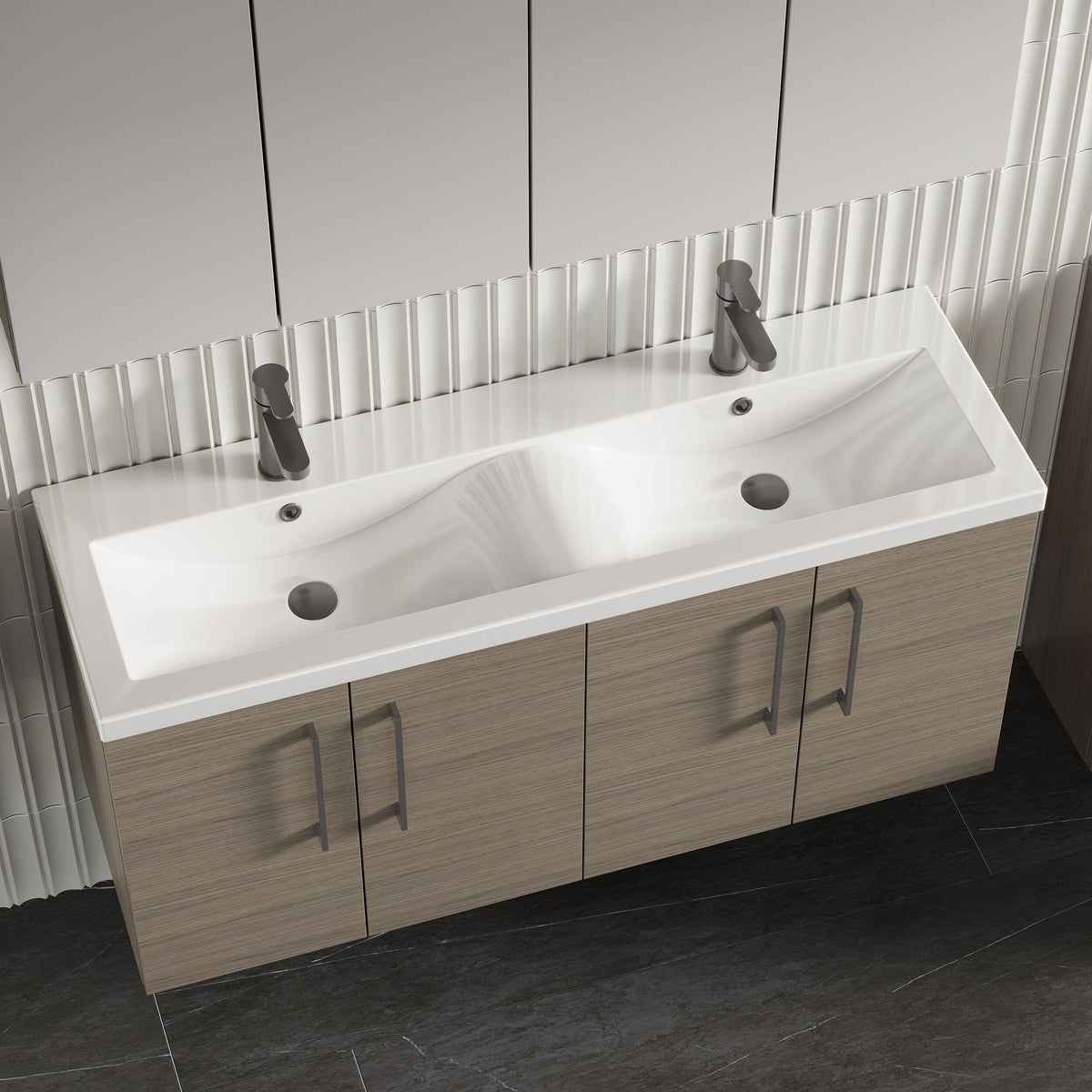 Modern Splash 1200mm Solace Oak 4 Door Wall Hung Vanity Unit With 2 Tap Hole Ceramic Basin