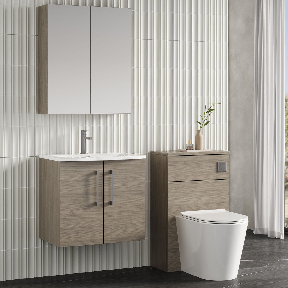 Modern Splash 600mm Solace Oak 2 Door Wall Hung Vanity Unit With Curved Basin