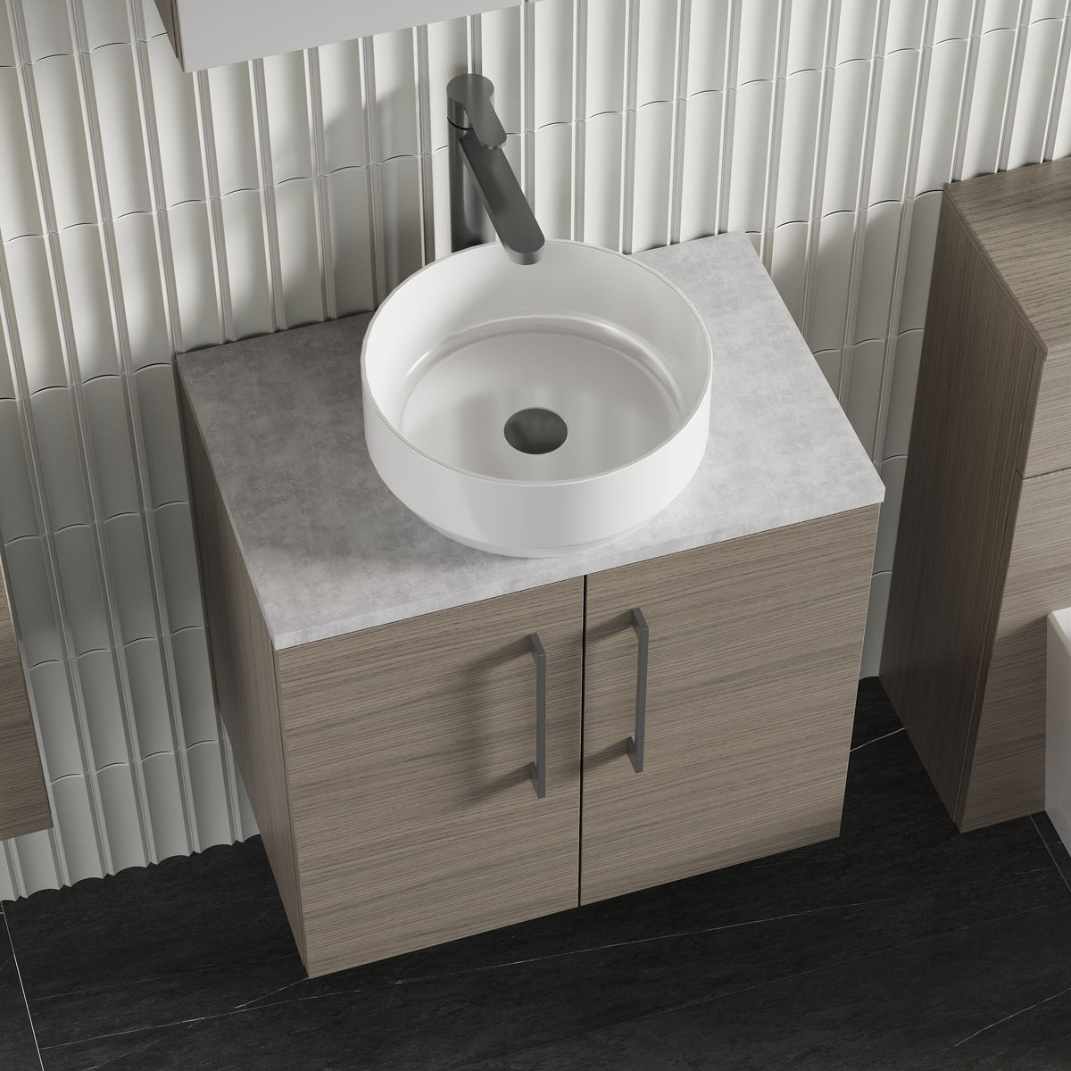 Modern Splash 600mm Solace Oak  2 Door Wall Hung Vanity Unit With Bellato Grey Worktop