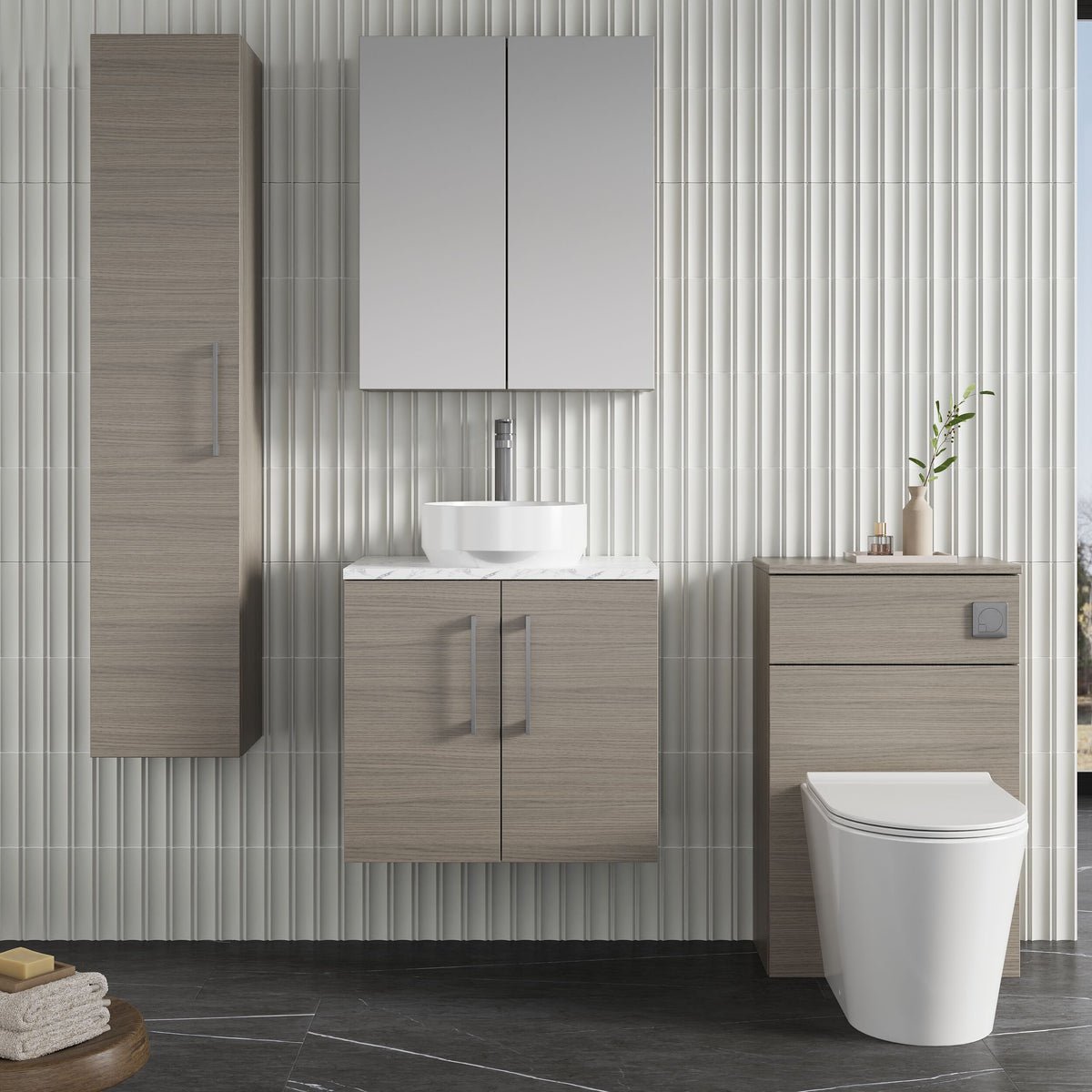 Modern Splash 600mm Solace Oak 2 Door Wall Hung Vanity Unit With Carrara Laminate Worktop