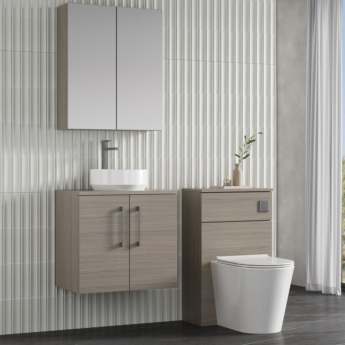 Modern Splash 600mm Solace Oak  2 Door Wall Hung Vanity Unit With Co-ordinating Worktop