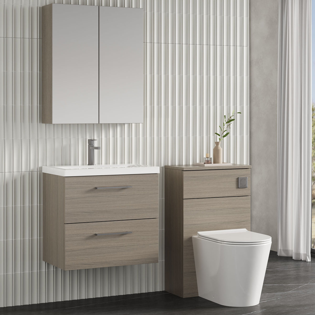 Modern Splash 600mm Solace Oak 2 Drawer Wall Hung Vanity Unit With Mid-Edge Basin