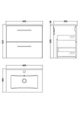 Modern Splash 600mm Solace Oak 2 Drawer Wall Hung Vanity Unit With Minimalist Basin