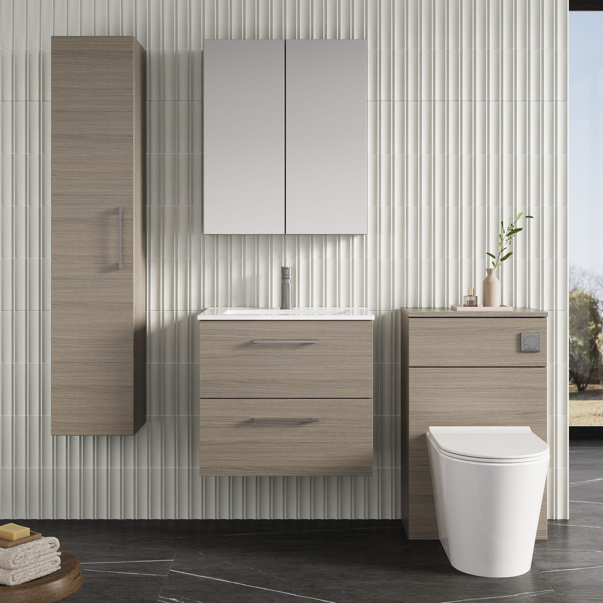 Modern Splash 600mm Solace Oak 2 Drawer Wall Hung Vanity Unit With Minimalist Basin