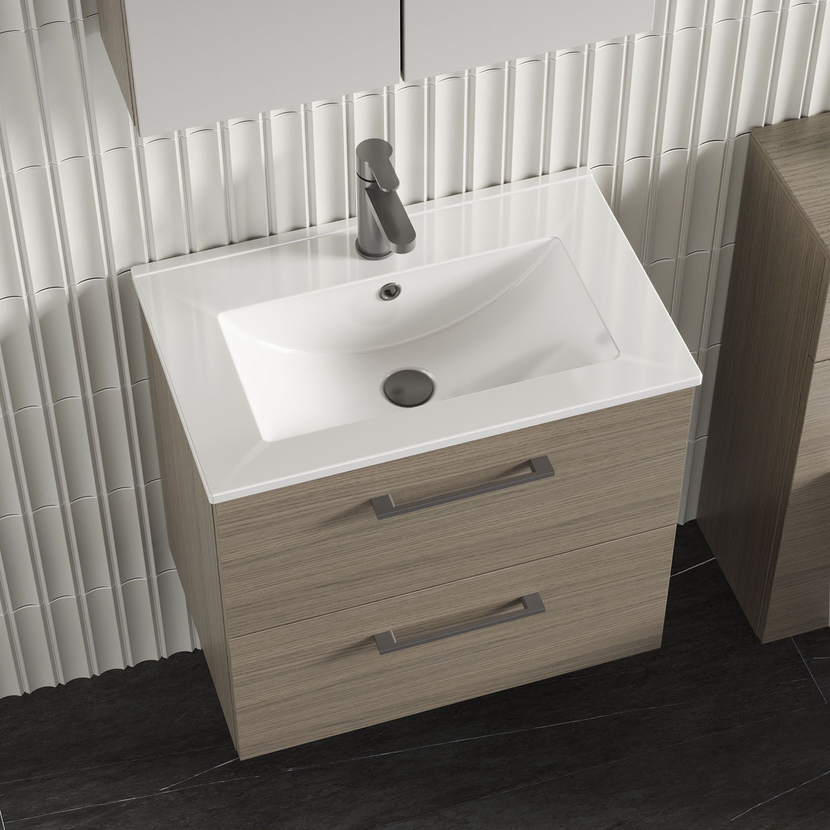 Modern Splash 600mm Solace Oak 2 Drawer Wall Hung Vanity Unit With Minimalist Basin