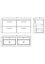 Modern Splash 1200mm Solace Oak 4 Drawer Wall Hung Vanity Unit With 2 Tap Hole Polymarble basin