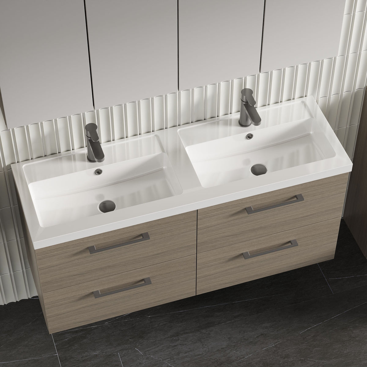 Modern Splash 1200mm Solace Oak 4 Drawer Wall Hung Vanity Unit With 2 Tap Hole Polymarble basin