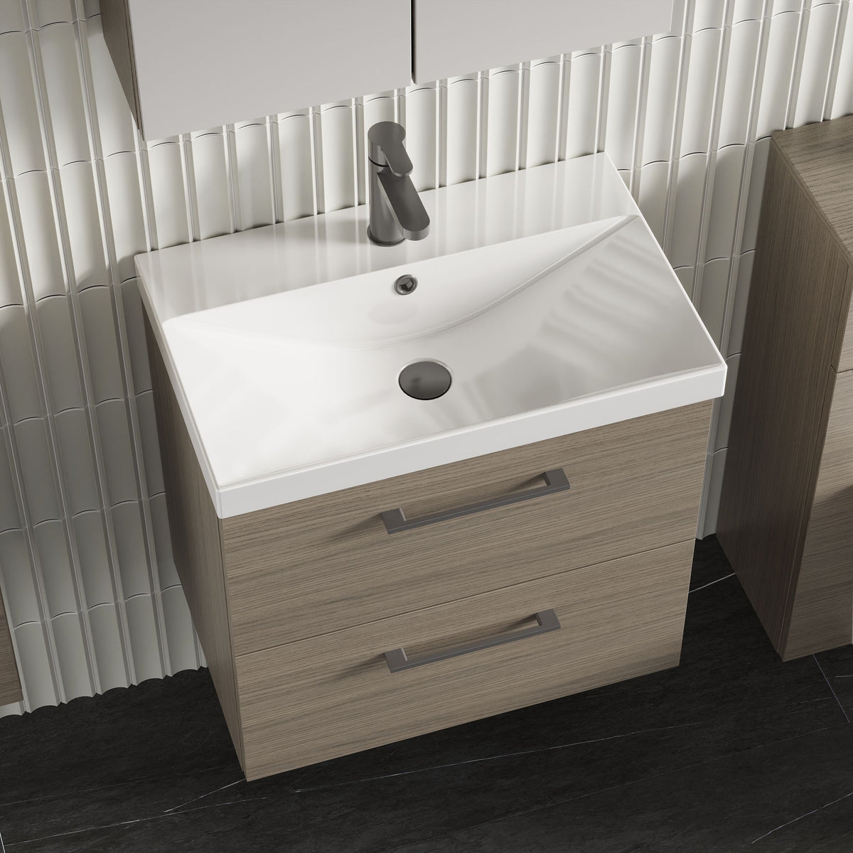 Modern Splash 600mm Solace Oak 2 Drawer Wall Hung Vanity Unit With Thin Edge Basin