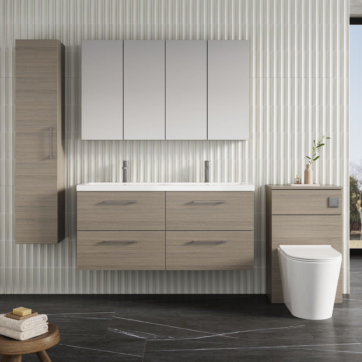 Modern Splash 1200mm Solace Oak 4 Drawer Wall Hung Vanity Unit With 2 Tap Hole Ceramic Basin