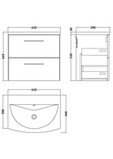 Modern Splash 600mm Solace Oak 2 Drawer Wall Hung Vanity Unit With Curved Basin