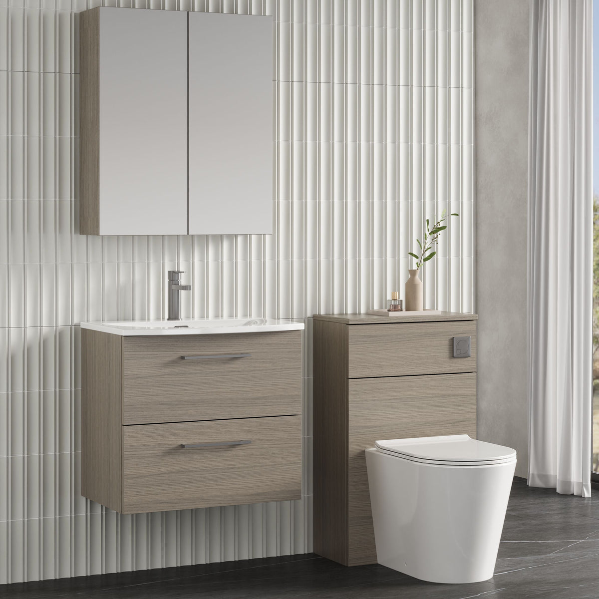 Modern Splash 600mm Solace Oak 2 Drawer Wall Hung Vanity Unit With Curved Basin