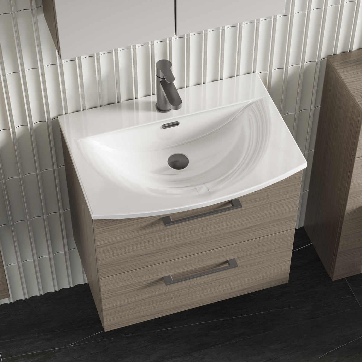 Modern Splash 600mm Solace Oak 2 Drawer Wall Hung Vanity Unit With Curved Basin