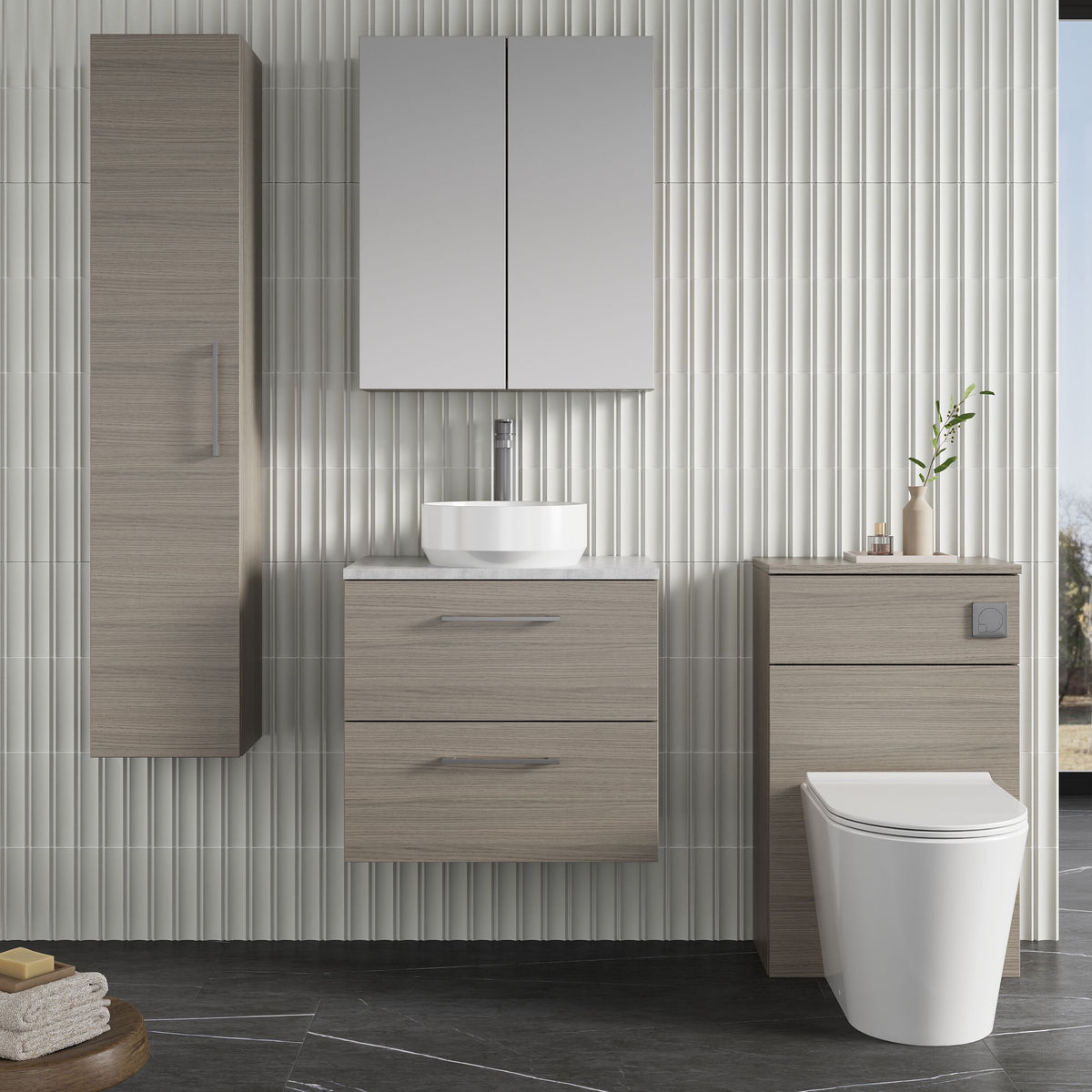 Modern Splash 600mm Solace Oak 2 Drawer Wall Hung  Vanity Unit With Bellato Grey Worktop