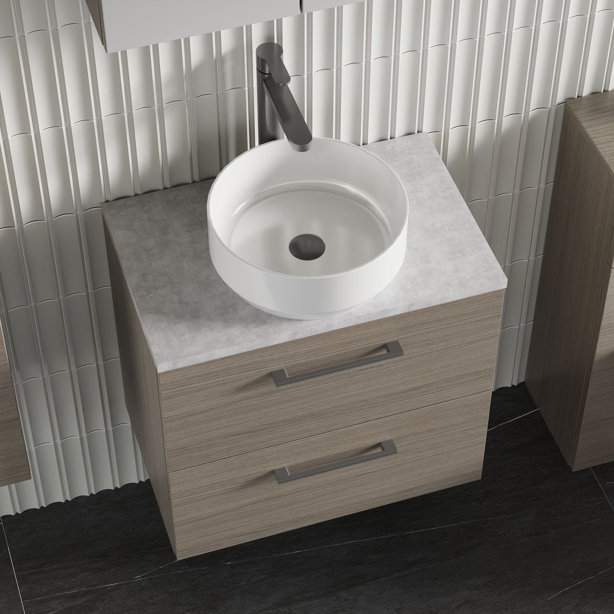 Modern Splash 600mm Solace Oak 2 Drawer Wall Hung  Vanity Unit With Bellato Grey Worktop