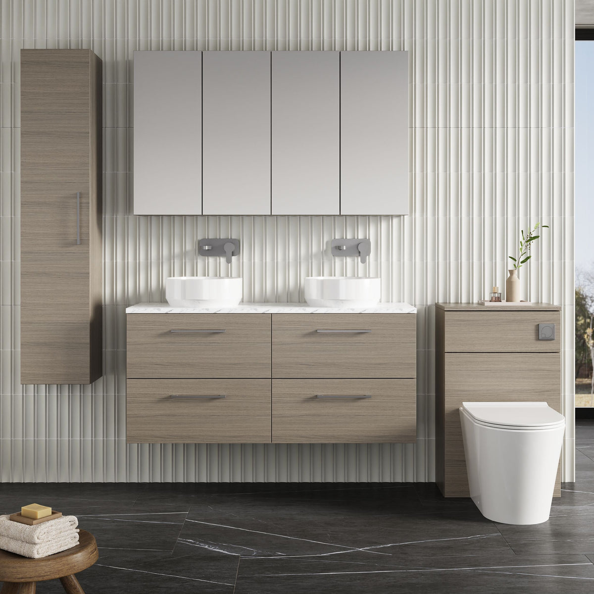 Modern Splash 1200mm Solace Oak 4 Drawer Wall Hung Vanity With Carrara Laminate Worktop