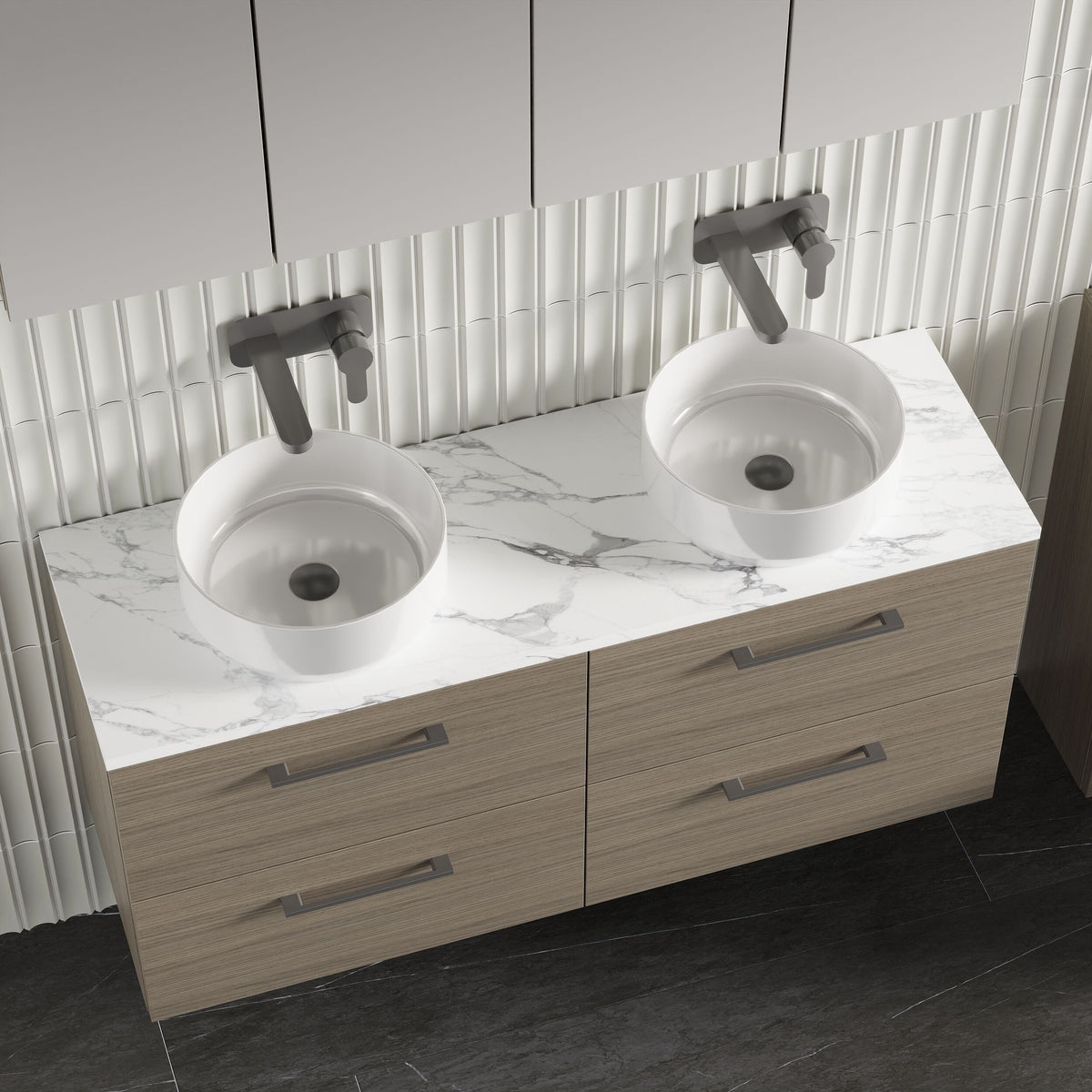 Modern Splash 1200mm Solace Oak 4 Drawer Wall Hung Vanity With Carrara Laminate Worktop