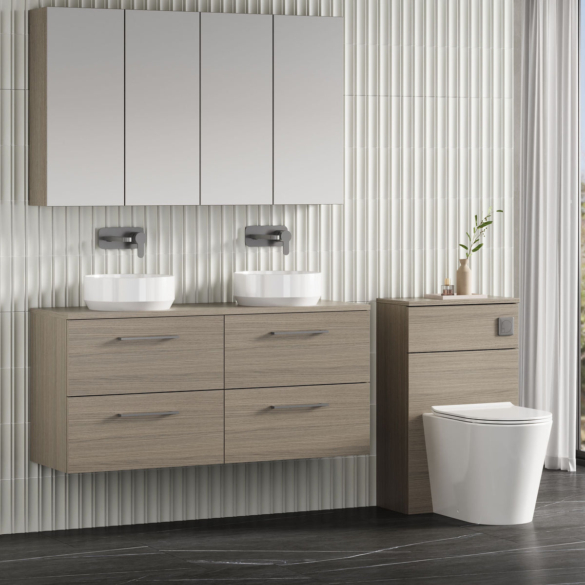 Modern Splash 1200mm Solace Oak 4 Drawer Wall Hung Vanity Unit With Co-ordinating Worktop