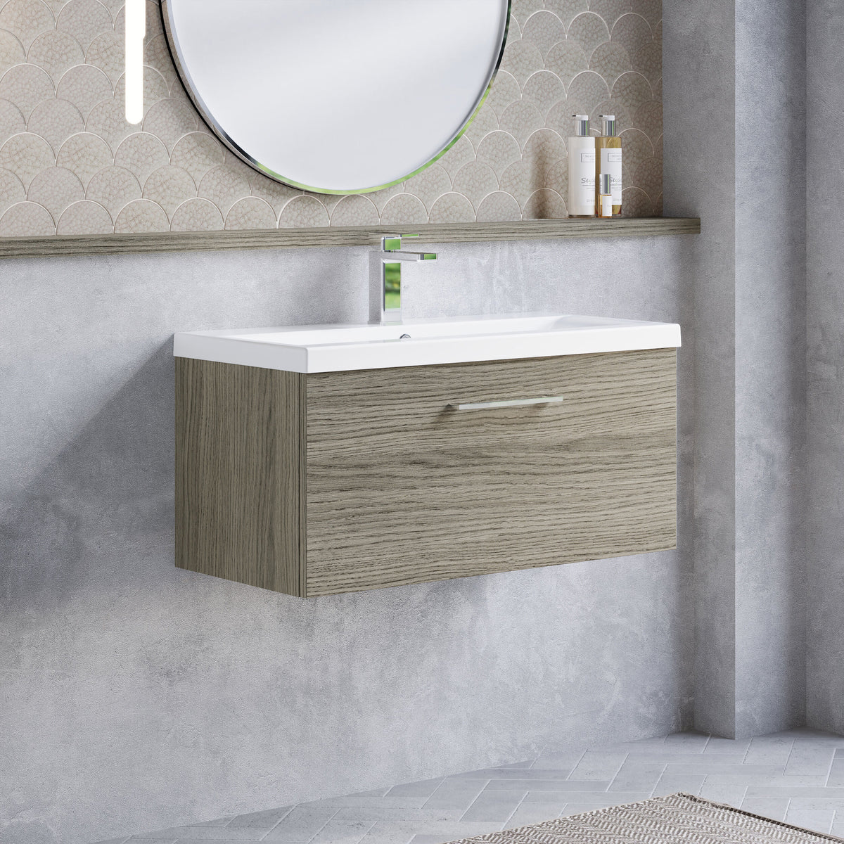 Modern Splash 800mm Solace Oak 1 Drawer Wall Hung Vanity Unit With Mid-Edge Basin