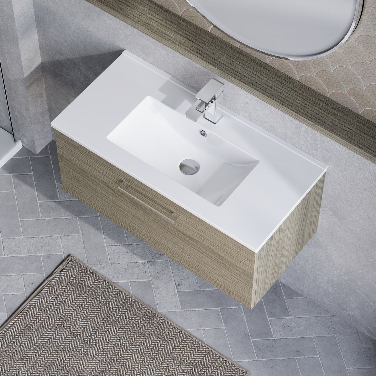 Modern Splash 800mm Solace Oak 1 Drawer Wall Hung Vanity Unit With Minimalist Basin