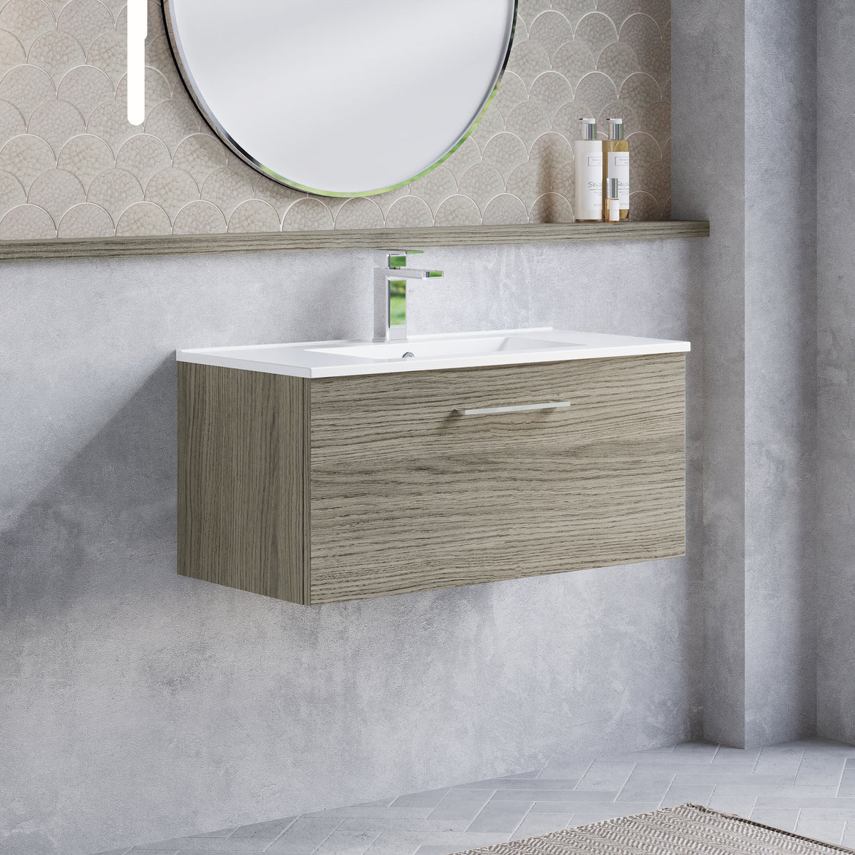 Modern Splash 800mm Solace Oak 1 Drawer Wall Hung Vanity Unit With Minimalist Basin