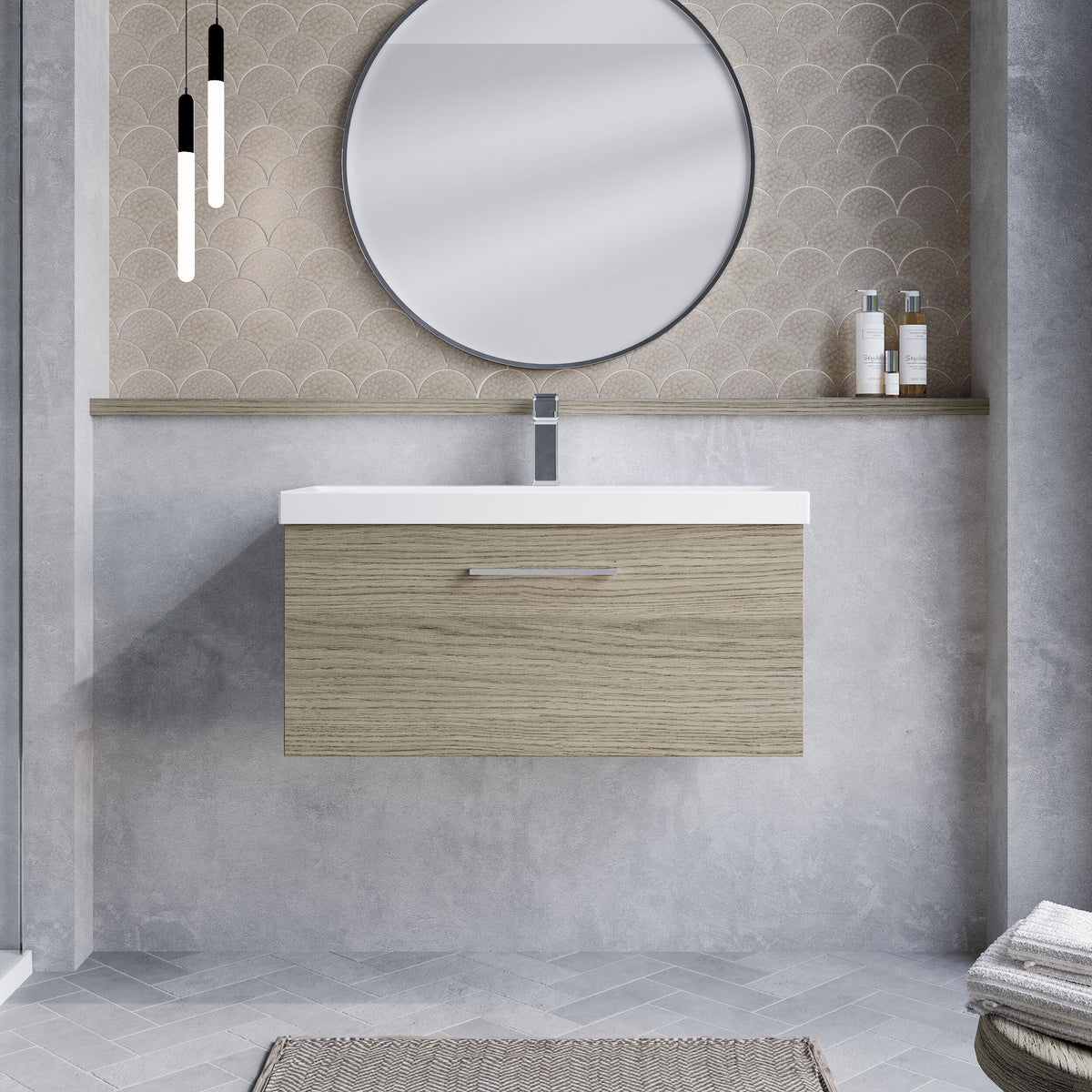 Modern Splash 800mm Solace Oak 1 Drawer Wall Hung Vanity Unit With Thin Edge Basin