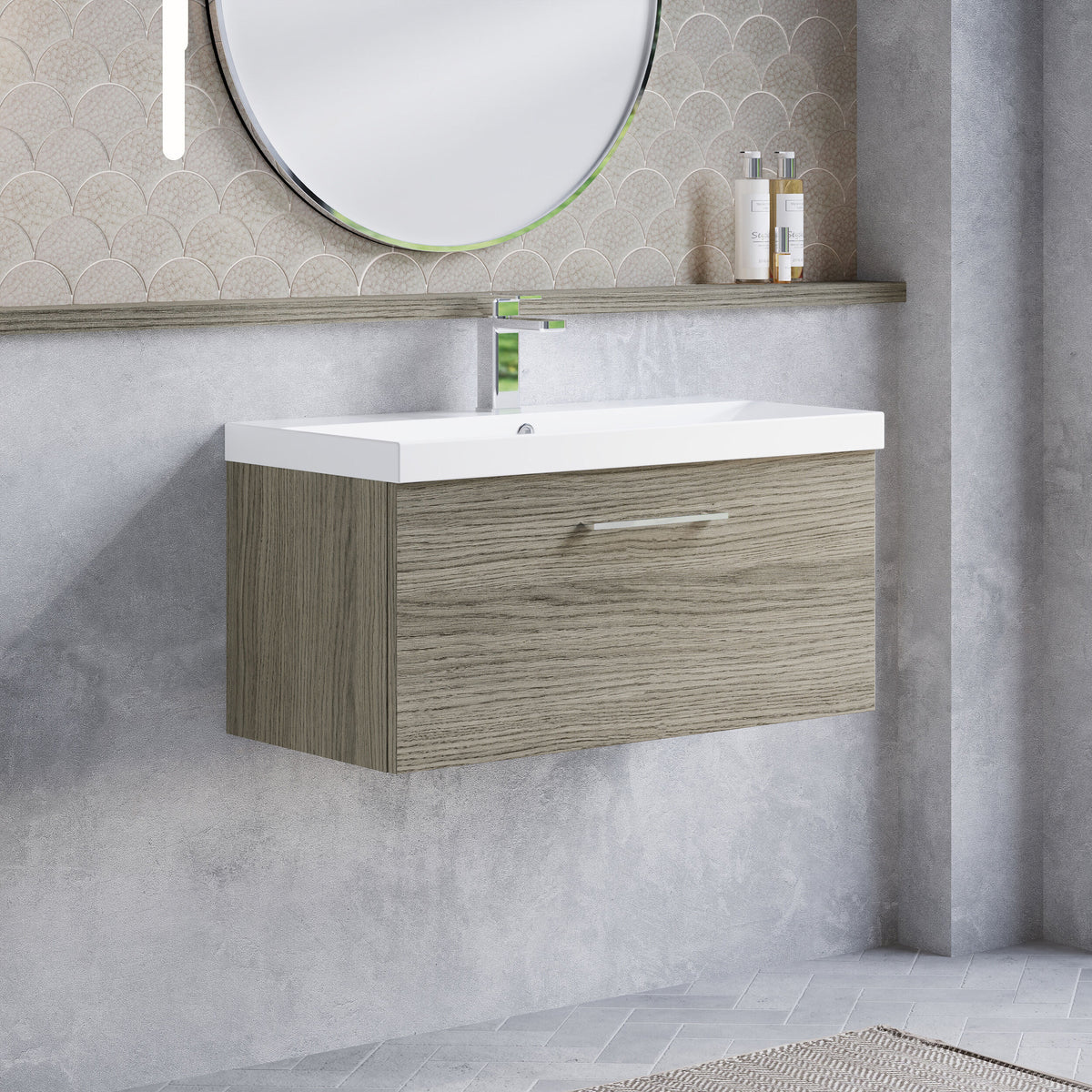 Modern Splash 800mm Solace Oak 1 Drawer Wall Hung Vanity Unit With Thin Edge Basin