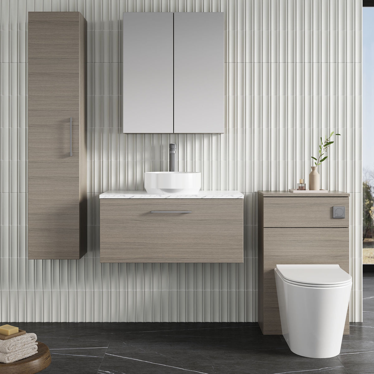 Modern Splash 800mm Solace Oak 1 Drawer Wall Hung Vanity Unit With Carrara Laminate Worktop