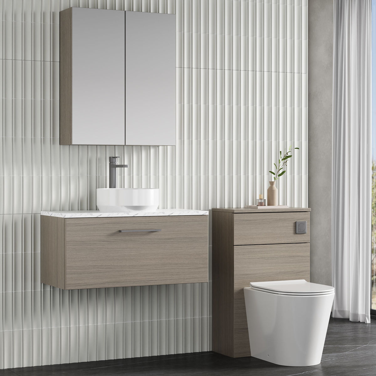 Modern Splash 800mm Solace Oak 1 Drawer Wall Hung Vanity Unit With Carrara Laminate Worktop