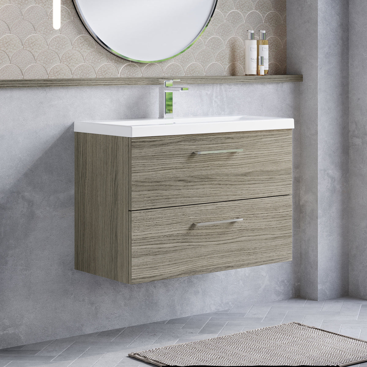 Modern Splash 800mm Solace Oak 2 Drawer Wall Hung Vanity Unit With Mid-Edge Basin