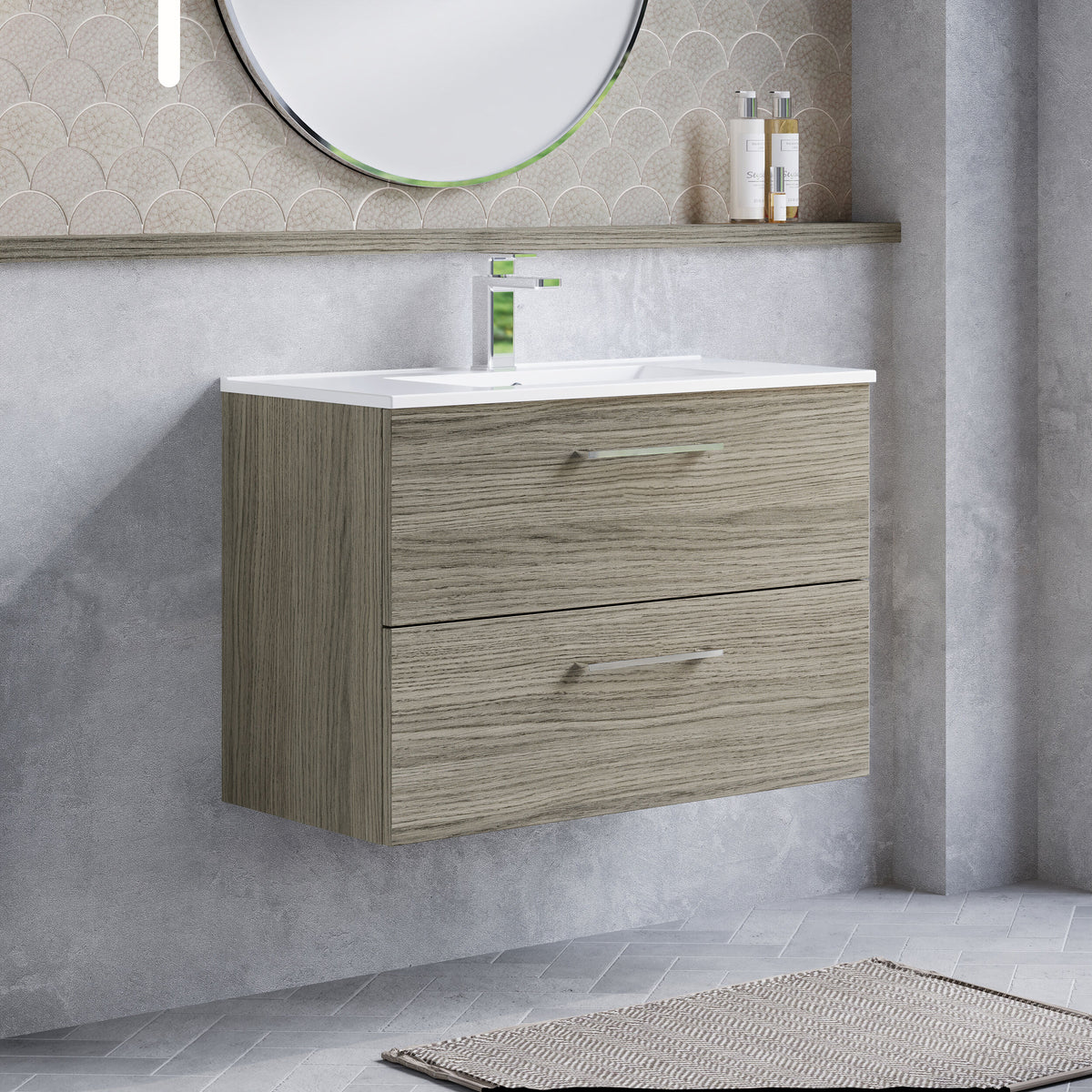 Modern Splash 800mm Solace Oak 2 Drawer Wall Hung Vanity Unit With Minimalist Basin