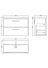 Modern Splash 800mm Solace Oak 2 Drawer Wall Hung Vanity Unit With Thin Edge Basin
