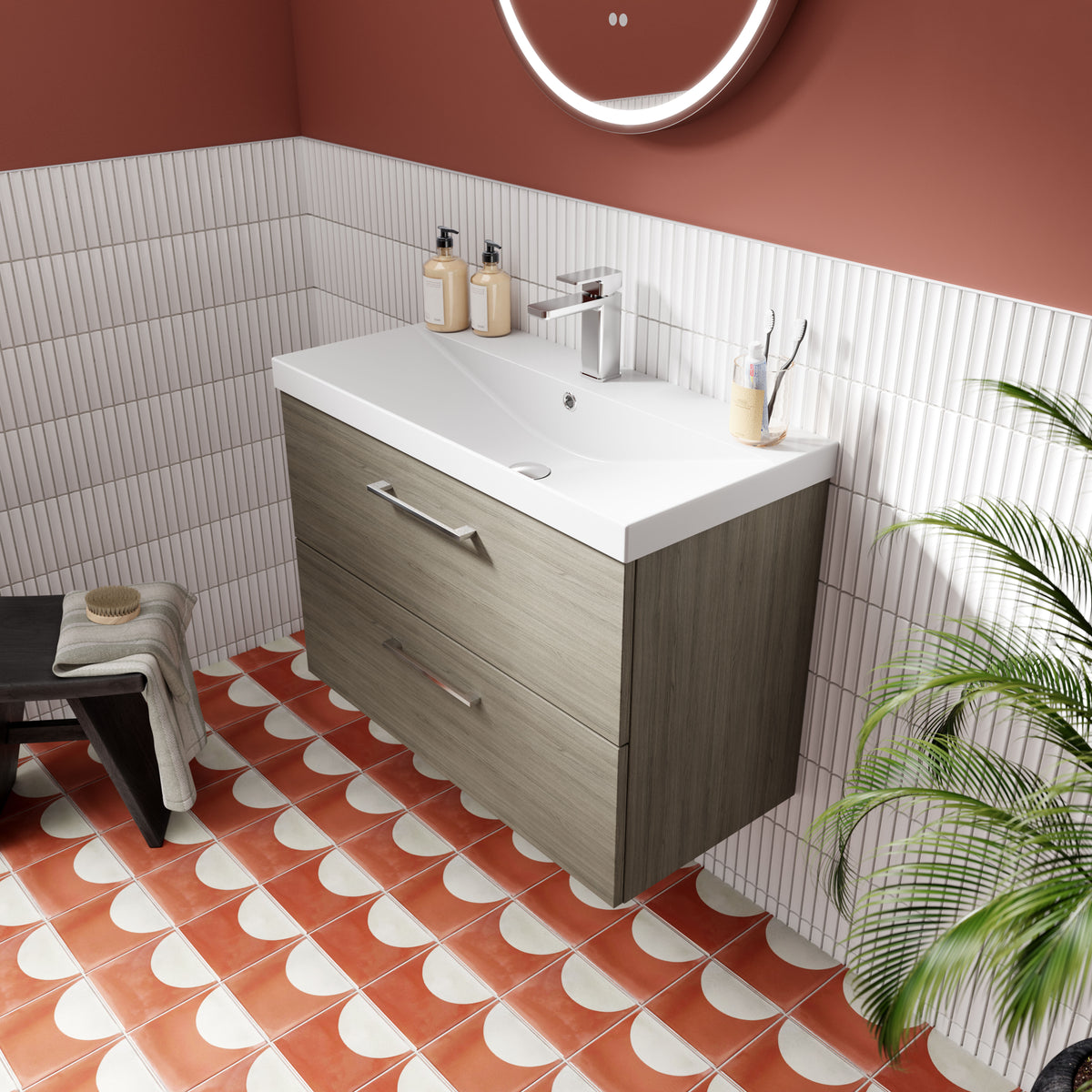 Modern Splash 800mm Solace Oak 2 Drawer Wall Hung Vanity Unit With Thin Edge Basin