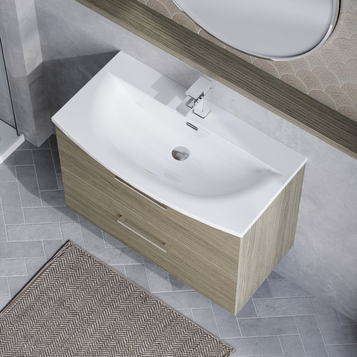 Modern Splash 800mm Solace Oak 2 Drawer Wall Hung Vanity Unit With Curved Basin