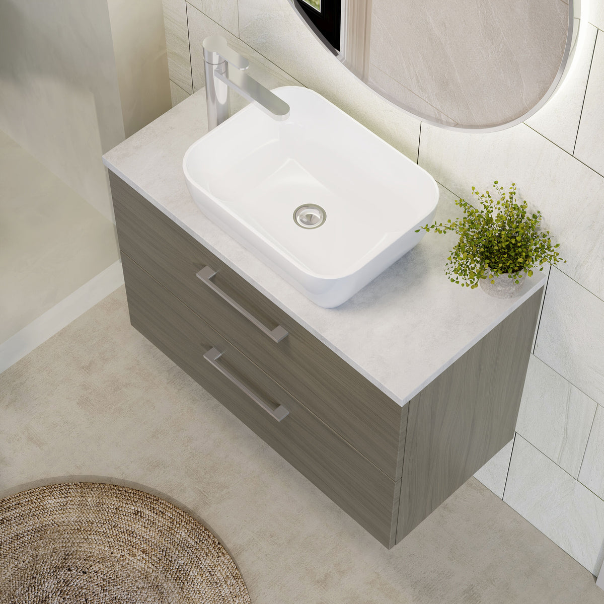 Modern Splash 800mm Solace Oak 2 Drawer Wall Hung Vanity Unit With Bellato Grey Worktop