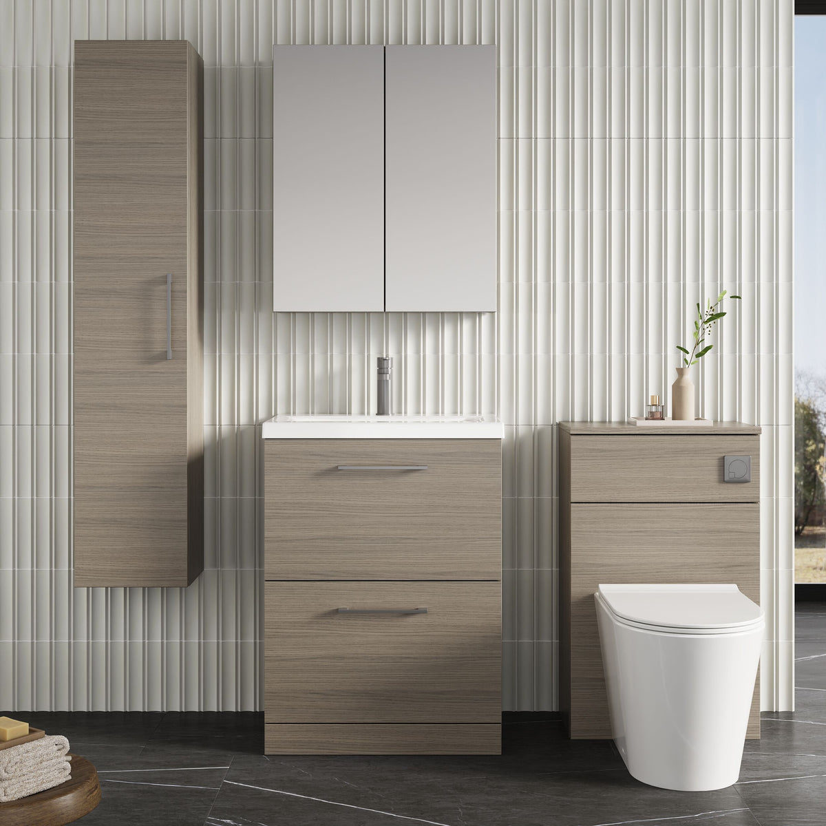 Modern Splash 600mm Solace Oak 2 Drawer Floor Standing Vanity Unit With Mid-Edge Basin