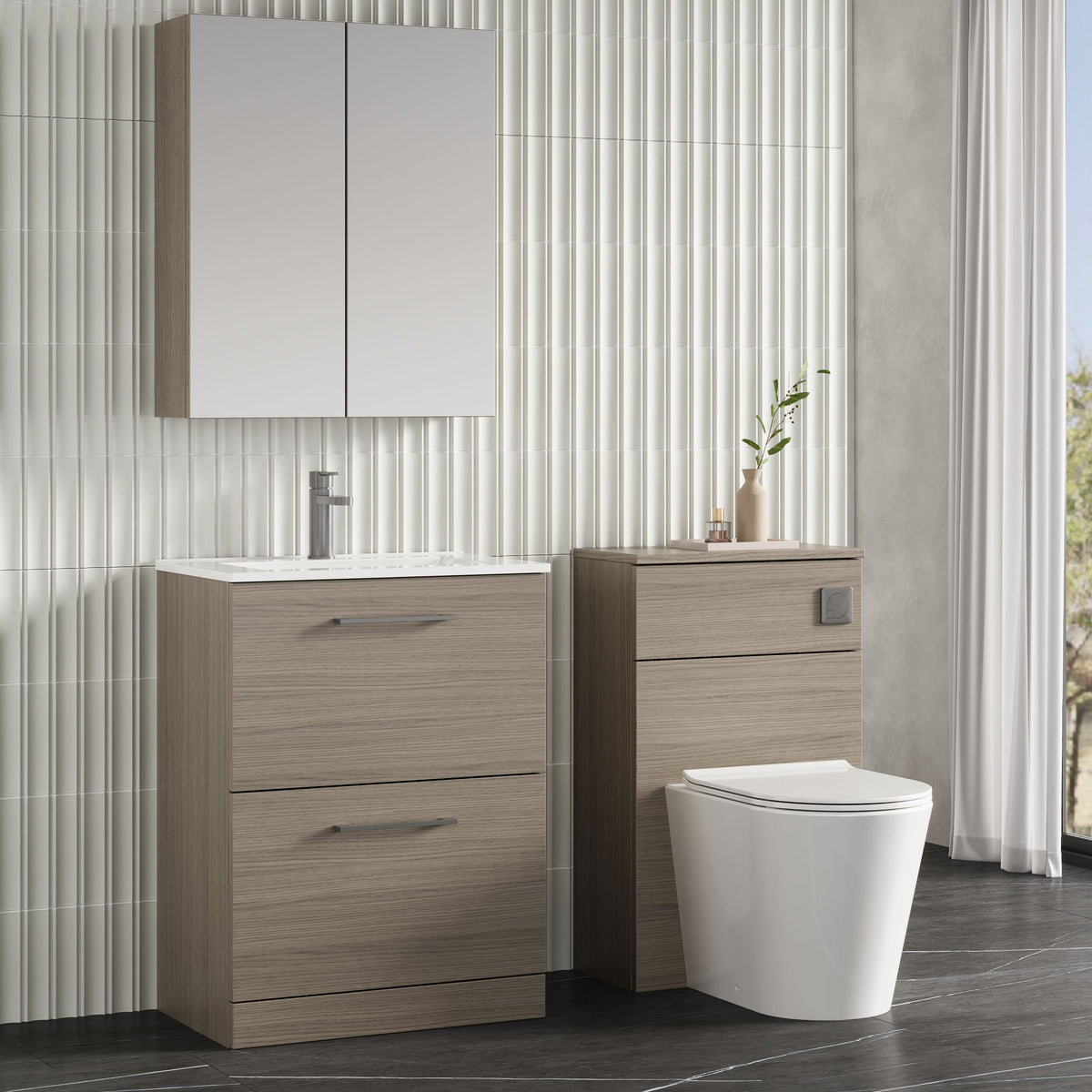 Modern Splash 600mm Solace Oak 2 Drawer Floor Standing Vanity Unit With Minimalist Basin