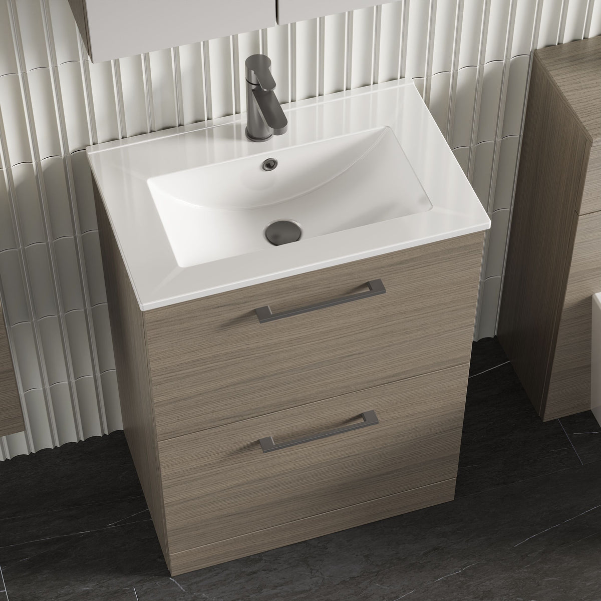Modern Splash 600mm Solace Oak 2 Drawer Floor Standing Vanity Unit With Minimalist Basin
