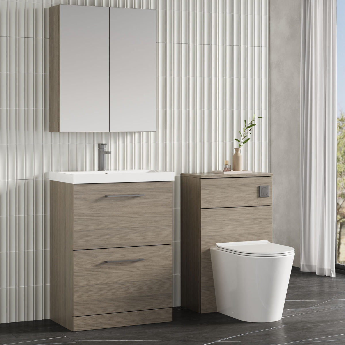 Modern Splash 600mm Solace Oak 2 Drawer Floor Standing Vanity Unit With Thin Edge Basin